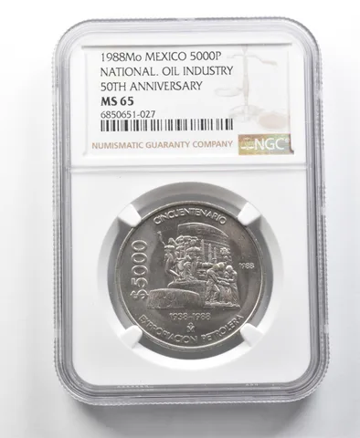 1988 Mo Mexico 5000 Pesos National Oil Industry 50th Anniversary MS65 NGC a8696