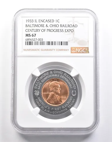 1933 IL Encased Cent B&O Railroad Century Of Progress Expo MS67 NGC *4870