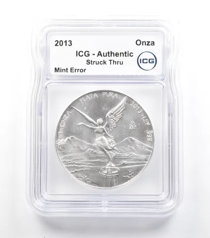 2013 Mo Mexico 1 Onza Silver Libertad Mint Error Struck Thru Authentic ICG *5059