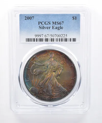 2007 American Silver Eagle MS67 PCGS Rainbow Tone *8436
