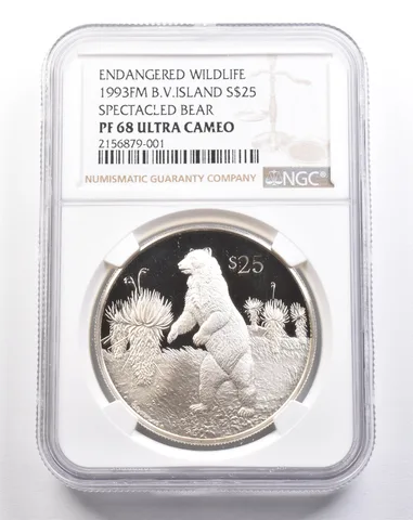 1993 FM British Virgin Islands $25 Silver Spectacled Bear PF68 UCAM NGC *4939