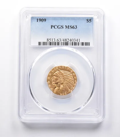 MS63 1909 $5 Indian Head Gold Half Eagle PCGS a4081