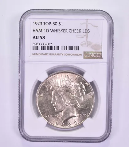AU58 1923 Peace Silver Dollar - Top-50 - VAM-1D Whicker Cheek LDS - NGC a9608