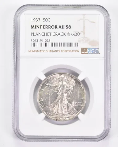 Mint Error AU58 1937 Walking Liberty Half Dollar Planchet Crack @ 6:30 NGC *8860