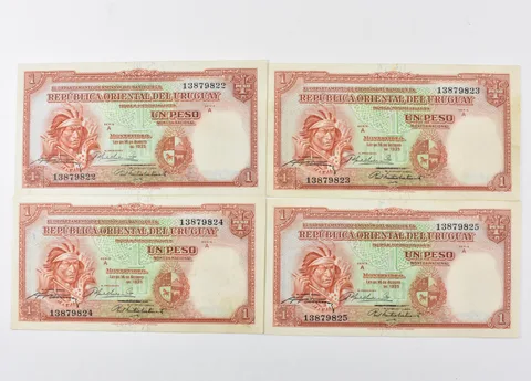 Lot (4) 1935 A Uruguay 1 Peso Consecutive Serial Numbers *3892