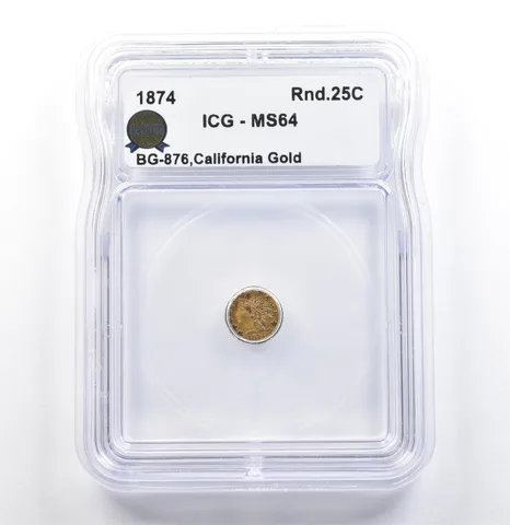 1874 California Fractional Gold Round 25 Cents BG-876 MS64 ICG *6734