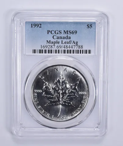 1992 Canada 5 Dollar Maple Leaf 1 Oz Silver MS69 PCGS Blue Label