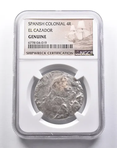 Genuine El Cazador Spanish Colonial 4 Reales NGC Shipwreck Certification *3698