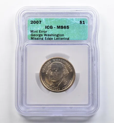 2007 Presidential $1 Washington Mint Error Missing Edge Lettering MS65 ICG *9048