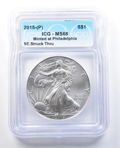 2015 (P) American Silver Eagle Mint Error Struck Thru MS68 ICG a1350