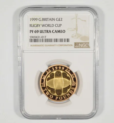 PF69 UCAM 1999 Great Britain 2 Gold Pounds - Rugby World Cup - Graded NGC *6974