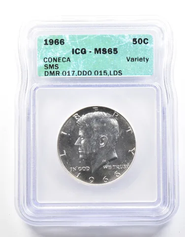 1966 Kennedy Half Dollar SMS Coneca Variety DMR-017, DDO-015, LDS MS65 ICG *2108