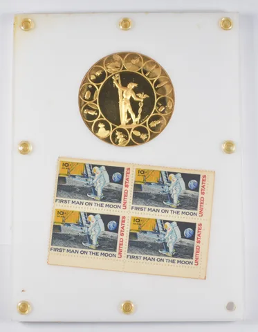 Apollo 11 Man's 1st Landing On Moon Silver Gilt Medal & Stamps Signed COA a3217