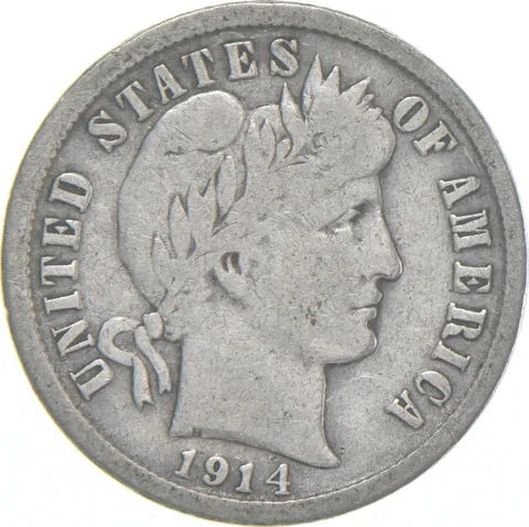 1914-D Barber Dime 90% Silver Average Circ