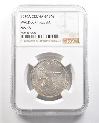 1929 A Germany 3 Marks Waldeck-Prussia MS63 NGC *6496