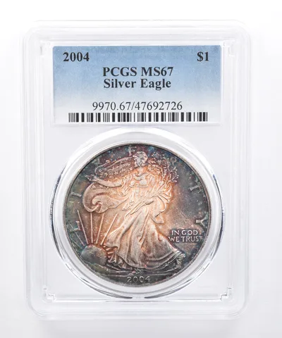 2004 American Silver Eagle MS67 PCGS Rainbow Tone *8449