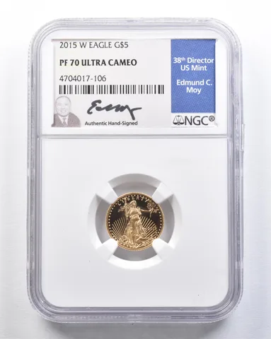 2015-W $5 American Gold Eagle Moy 1/10 Oz Gold PF70 UCAM NGC *2105