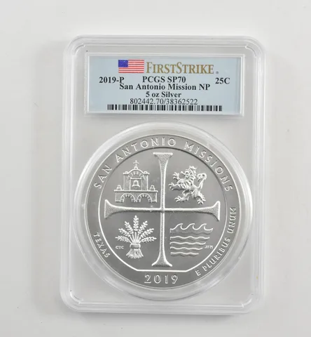 2019-P 5 Oz Silver Quarter ATB San Antonio Mission SP70 PCGS *1763