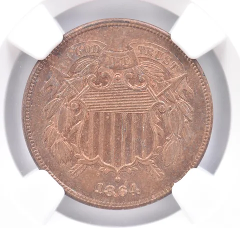1864 Shield Motto Two Cent Large Motto MS62 RB NGC Beautiful Tone *1783