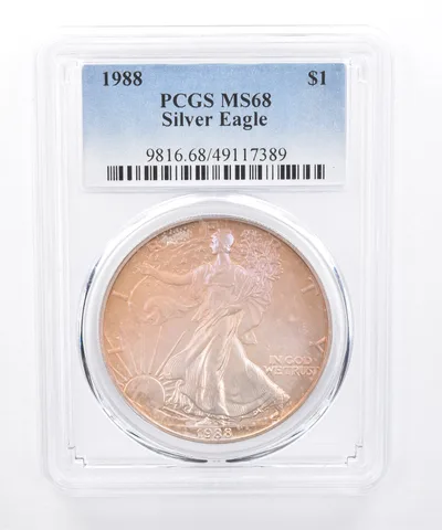 1988 American Silver Eagle MS68 PCGS Purple/Orange Tone *8416