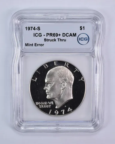 1974-S Eisenhower $1 Mint Error Struck Thru PR69+ DCAM ICG