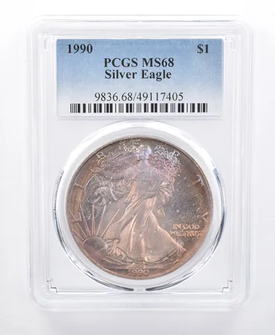 1990 American Silver Eagle MS68 PCGS Orange/Purple Tone *8603