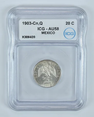 1903 Cn Q Mexico 20 Centavos KM#409 AU58 ICG *9159