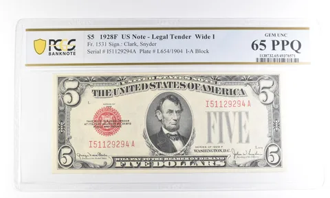 1928 F $5 US Legal Tender Wide I Fr#1531 Gem Unc 65 PPQ PCGS *2369