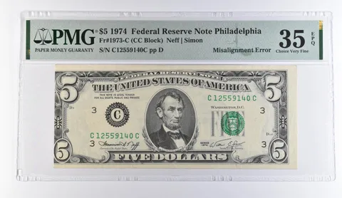 1974 $5 Philadelphia PA FRN Misalignment Error Fr#1973-C VF 35 EPQ PMG *9431