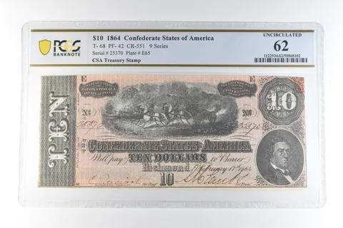 1864 $10 Confederate States Of America T-68 PF-52 CR-551 Unc 62 PCGS *3400