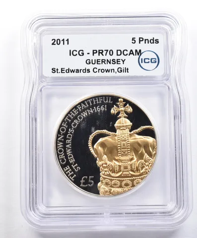 2011 Guernsey 5 Pound St Edwards Crown Gilt PR70 DCAM ICG *1612