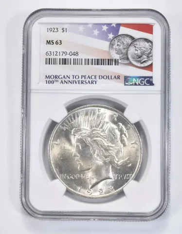1923 Peace Silver Dollar MS63 NGC 100th Anniv 2021 Flag Label
