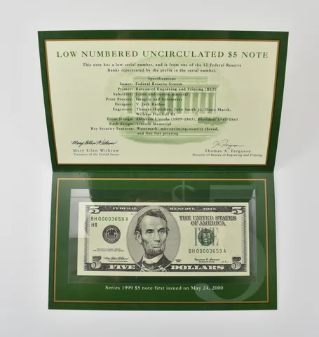 1999 $5 FRN H Bank Low Serial Number BEP a0391