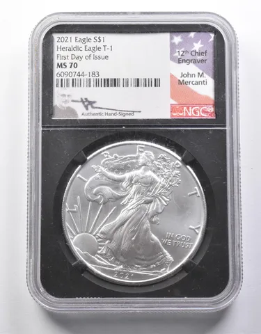 MS70 2021 American Silver Eagle Heraldic Eagle T1 FDOI Mercanti Signed NGC *8636