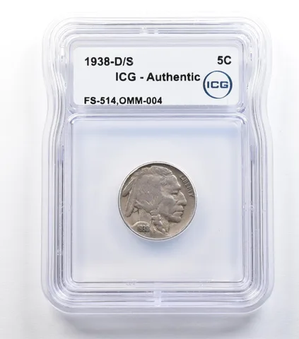 1938-D/S Indian Head Buffalo Nickel FS-514 OMM-004 Authentic ICG *9319