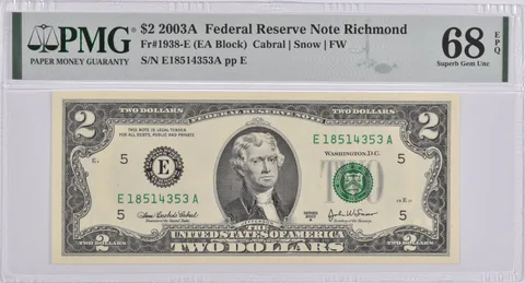 $2 2003-A Richmond, VA US FRN PMG Superb Gem Unc 68 EPQ Fr#1938-E