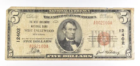 1929 $5 West Englewood, NJ National Currency Note Brown Seal 12402 *5734