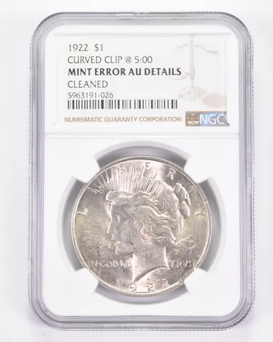 Mint Error AU Details 1922 Peace Silver Dollar - Curved Clip @ 5:00 NGC a8848
