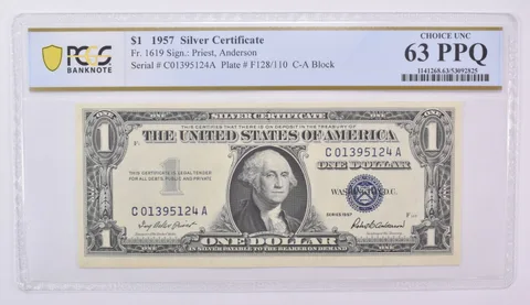 1957 $1 Silver Certificate Fr#1619 Choice Unc 63 PPQ PCGS