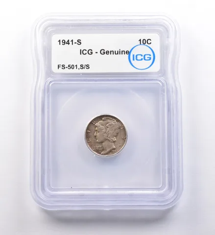 1941-S Mercury Dime FS-501, S/S Genuine ICG a9706