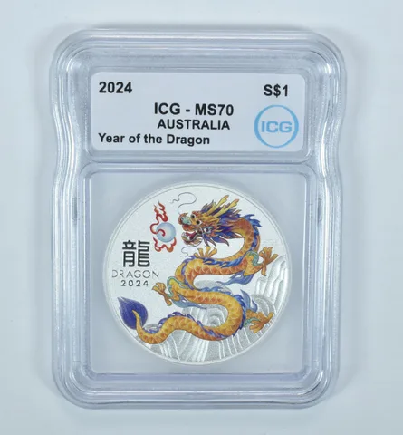 2024 Australia Silver Dollar Year Of The Dragon Yellow Colorized MS70 ICG