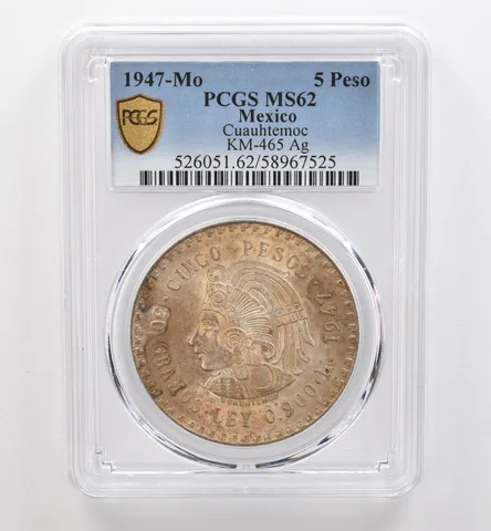 1947 Mo Mexico 5 Pesos Silver Cuauhtemoc KM-465 MS62 PCGS Beautiful Tone *9282