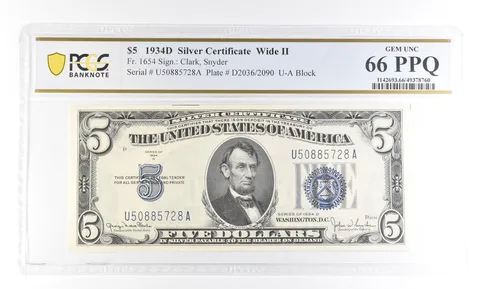 1934 D $5 Silver Certificate Wide II Fr#1654 Gem Unc 66 PPQ PCGS a2789
