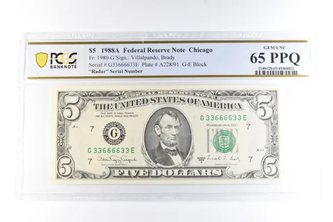 1988 A $5 Chicago IL FRN Fr#1980-G Radar Serial Gem Unc 65 PPQ PCGS *6102