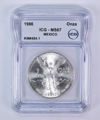 1986 Mo Mexico 1 Onza Silver Libertad KM#494.1 MS67 ICG