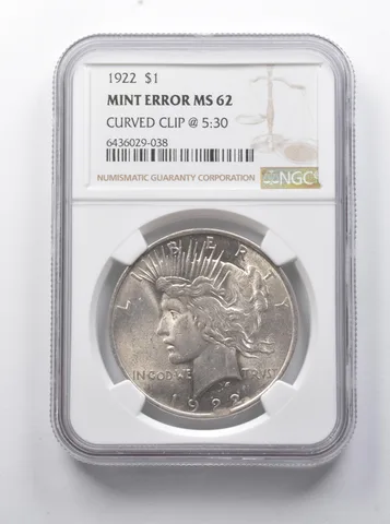Error MS62 1922 Peace Silver Dollar Curved Clip @ 5:30 NGC a7889