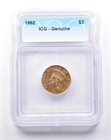 1862 $3 Indian Princess Head Gold Three Dollar Piece Genuine ICG a0592