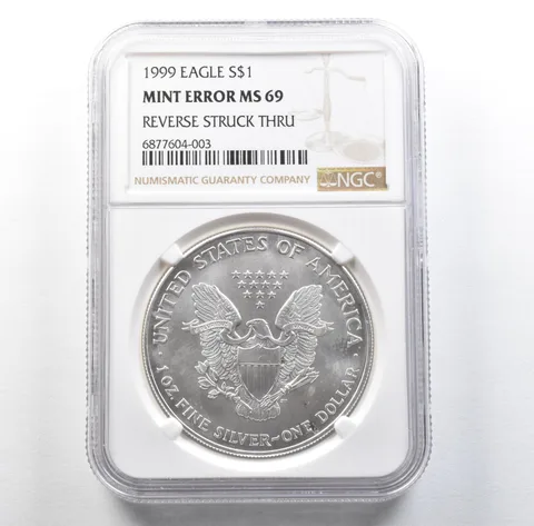 1999 American Silver Eagle Mint Error Reverse Struck Thru MS69 NGC *3127