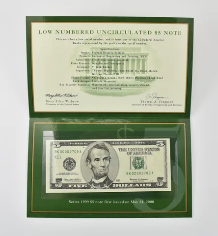 1999 $5 FRN K Bank Low Serial Number BEP *0384