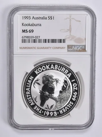1993 Australia 1 Dollar Kookaburra 1 Oz Silver MS69 NGC Brown Lbl
